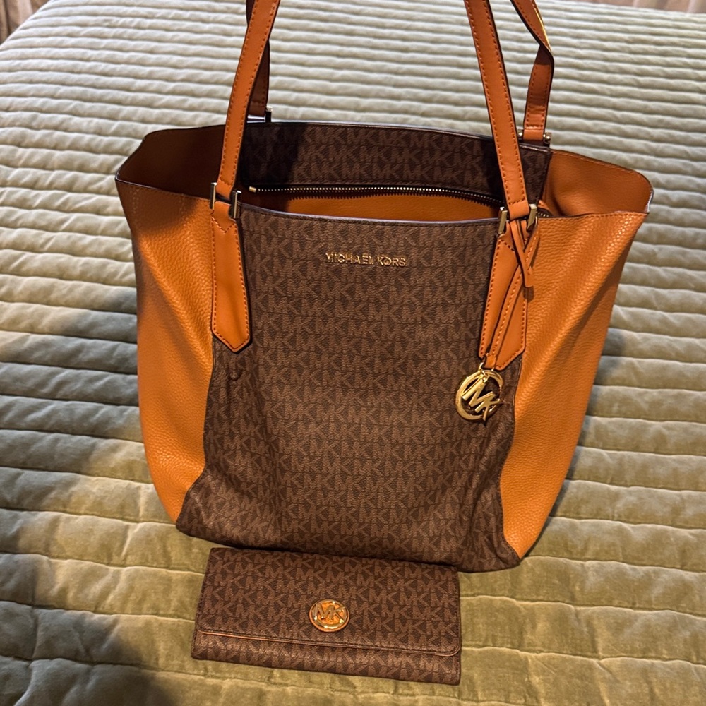Michael Kors Brown and Tan Tote Bag with matching wallet
